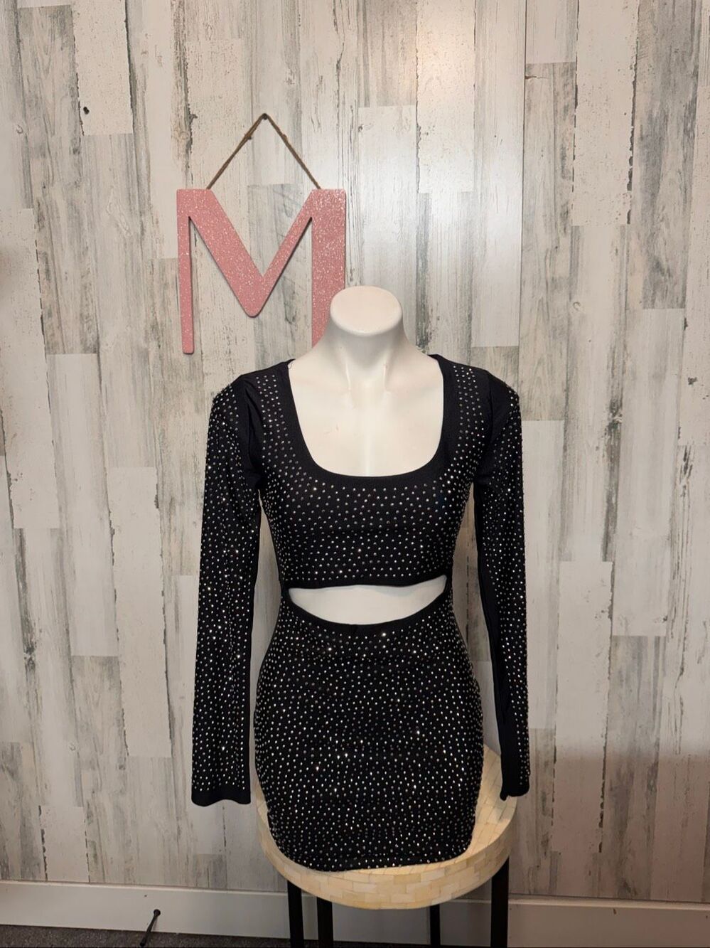 HOT & DELICIOUS Black Rhinestone Cutout Long Sleeve Mini Dress Womens Medium